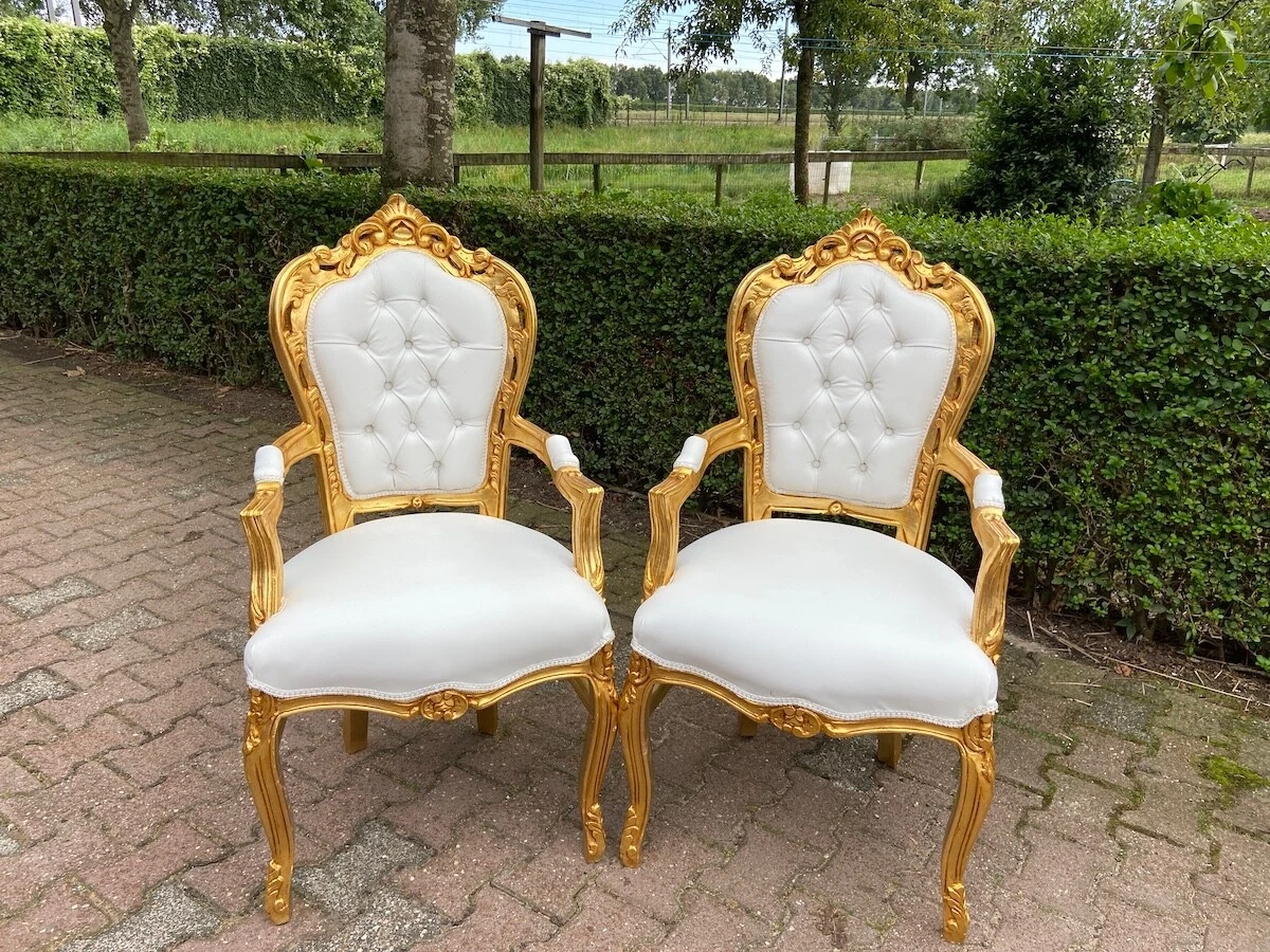 1990's Italian Baroque Arm Dining Chairs in Gold Leaf Beech and  White