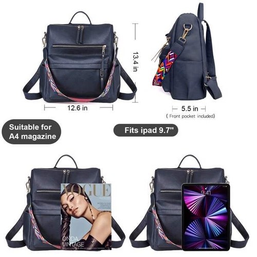 Dark Blue Leather Women Backpack Travel Bag Purses Multipurpose Design Handbags - Picture 5 of 6