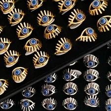 Bulk Wholesale 24pcs Top Mixed Blue Evil Eye Rings Lot Women Men No Fade Fingers