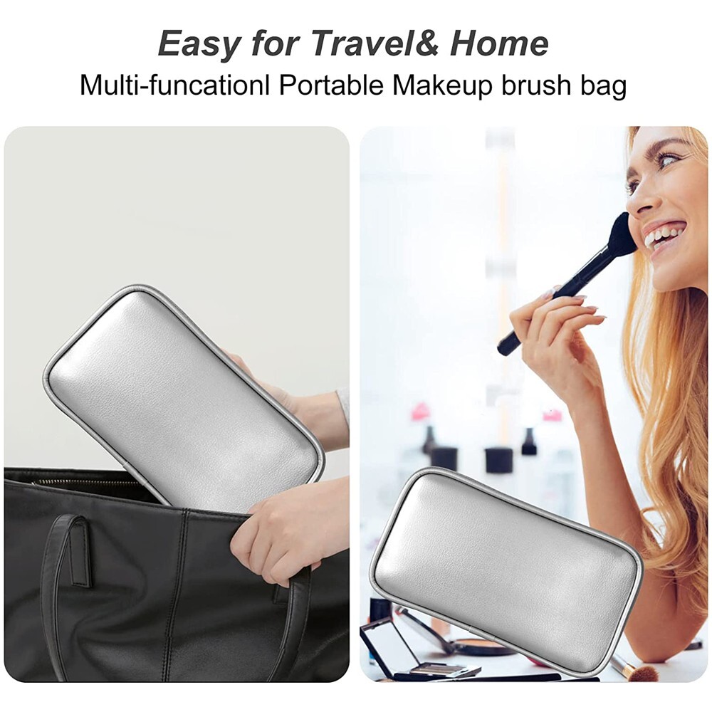 Cosmetic Bag PU Leather Portable for Travel Brush Storage with Zipper