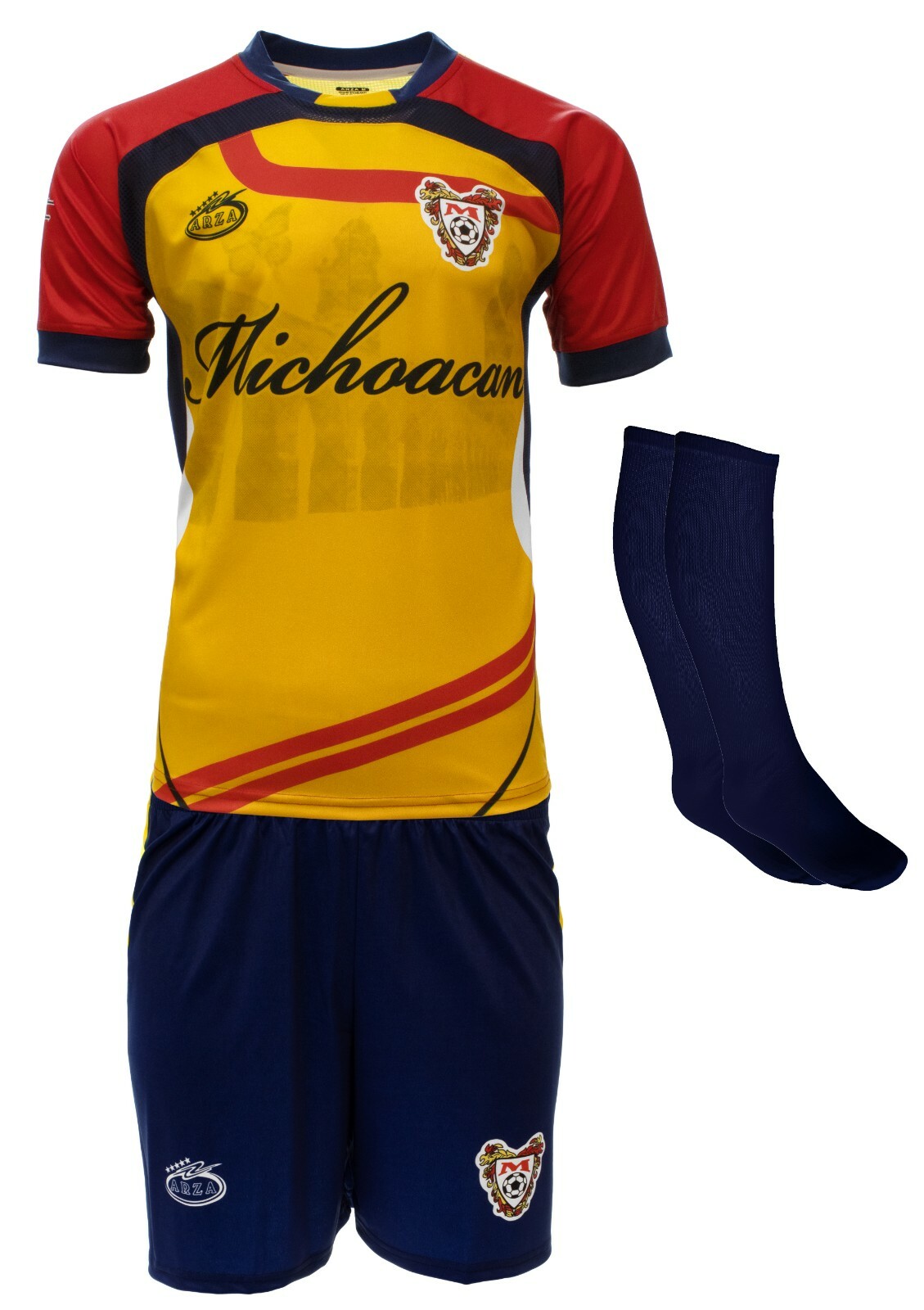Michoacan Style Soccer Uniform Set Yellow/Red Jersey Navy Shorts Socks Numbered
