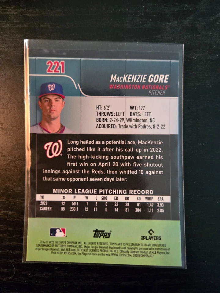 2022 Topps Stadium Club Chrome MacKenzie Gore #221 X-Fractor Nationals Rookie - Image 2 of 2