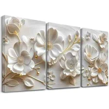 3pcs  Floral Art Decorative White Flowers Wall Art Canvas Framed 50x70cm