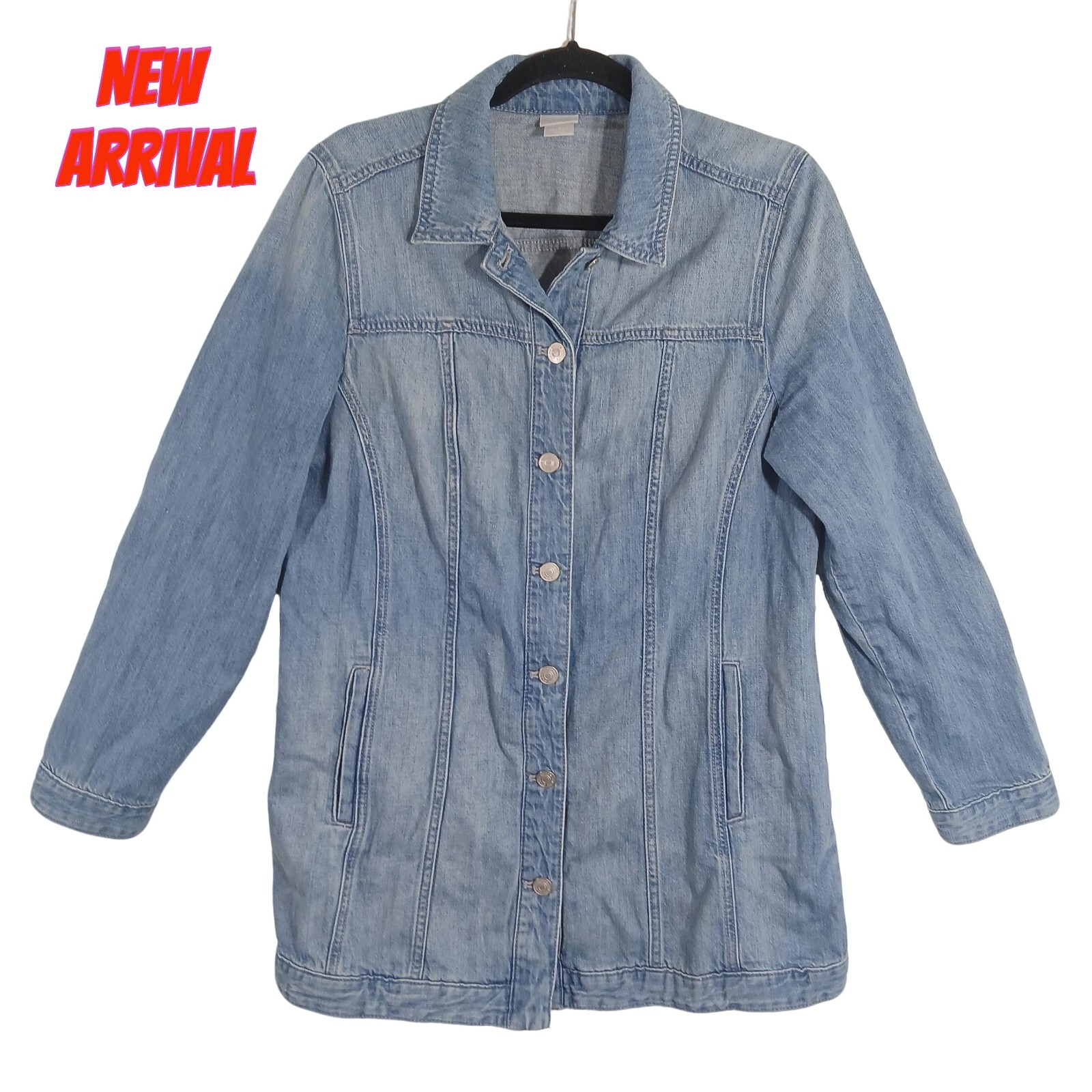 Chico's Women's Denim Jacket Size 8/10, Lightweight Longline Casual Button Front