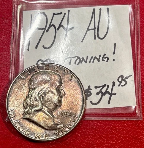 1954 Franklin Half Dollar (AU) About Uncirculated Cond! Obv. Toning! ENN Coins