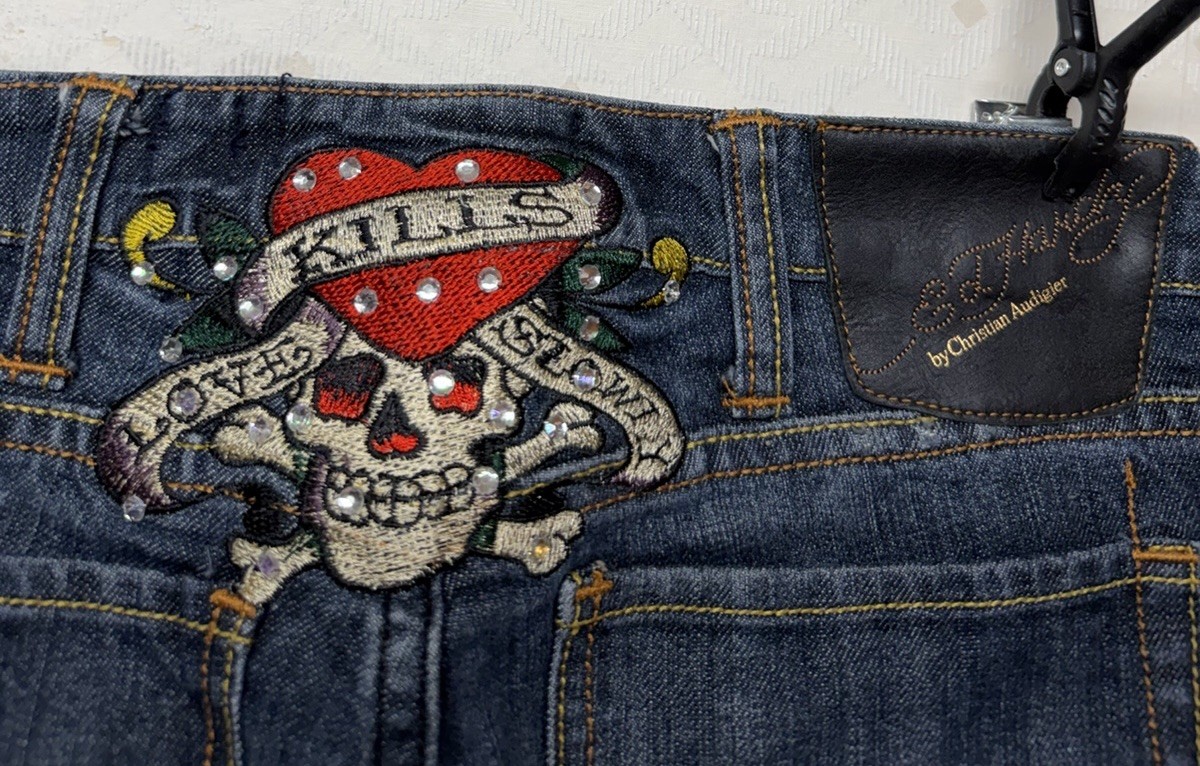 Ed Hardy Jeans Women Blue Denim Sz 27 Love kills slowly Skull