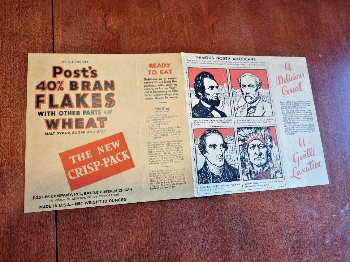 1930 Post Cereal Near FULL Box Famous Americans Robert E Lee Abraham Lincoln
