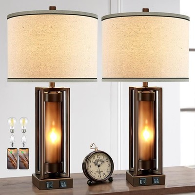 Rustic Table Lamps for Living Room Set of 2 with USB C+A Ports, Brown 