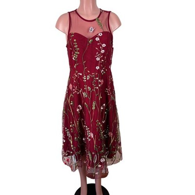 Fairy Y2K Red Midi Dress XL Sheer Mesh Overlay Floral Butterfly Embroidered