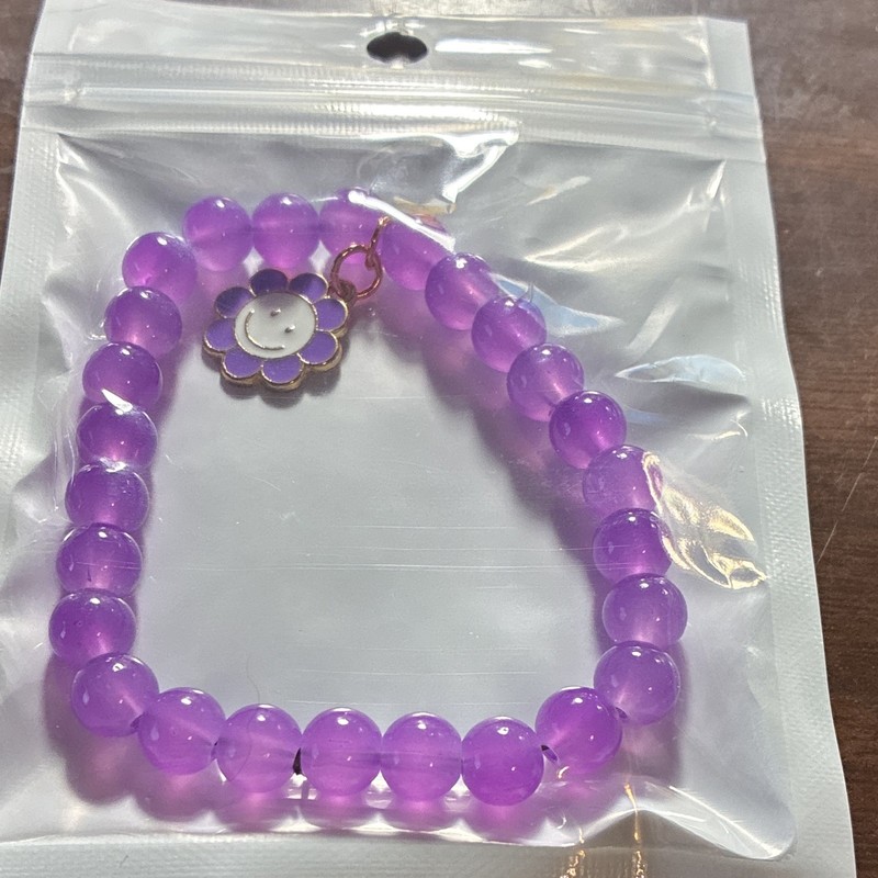 Purple Round Beaded Stretch Bracelet w/ Smiley Flower Dangle Charm, Plastic