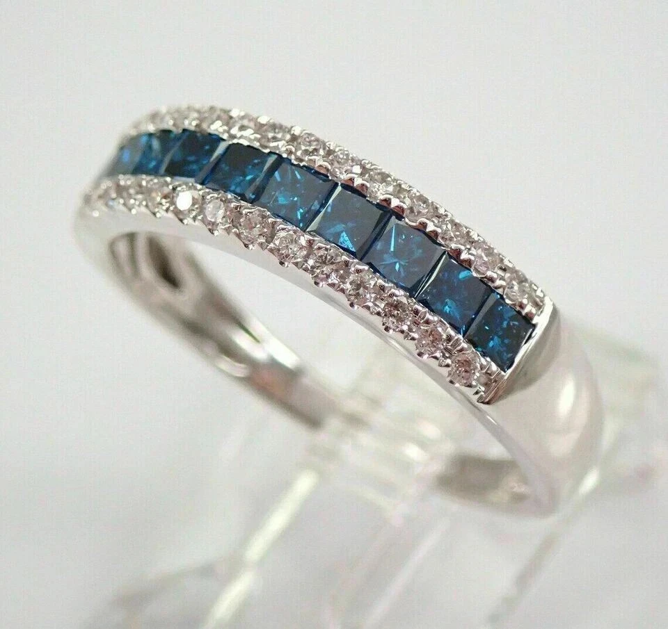 Anillo de boda aniversario diamante LBT corte princesa azul acabado oro blanco 14K 3 quilates Foto 2 de 4
