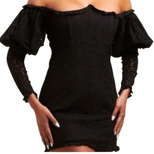 New LUXXEL Black Lace Off Shoulder Puff Sleeve Mini Dress S coquette whimsigoth