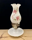 Milk Glass Hurricane Vanity Table Lamp Victorian Style Pink Rose Ruffled  Vtg