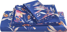 Navy Floral Sheet Set King Size, 4 Piece Soft Printed Microfiber Sheets Extra De