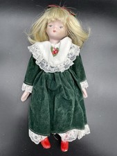 Vintage Porcelain Face, Hand Legs 9" Doll Green Dress Bow Blonde Hair Soft Body