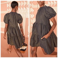 Ulla Johnson Dion Babydoll Metallic Check Tiered Mini Dress Navy Midnight 6