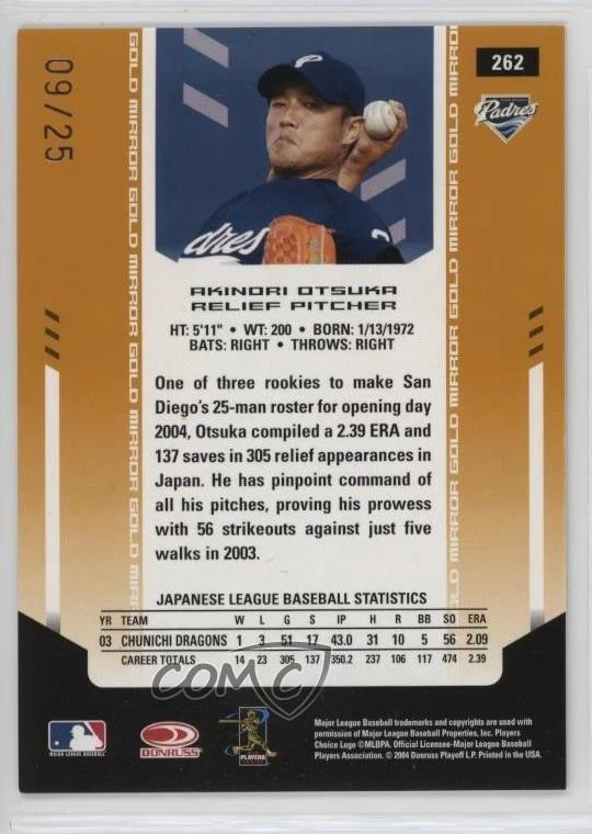 2004 Leaf Certified Materials Gold Mirror /25 Akinori Otsuka #262 Rookie Auto RC - Image 2 of 2