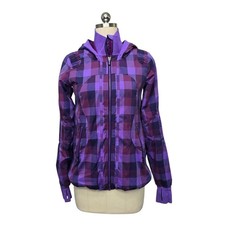 Lululemon Stride Jacket Purple Plaid Full Zip Hooded Thumbholes Womens Size 4