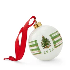 Christmas Tree Annual 2025 Bauble - Porcelain Ornament with Red & Green Check...