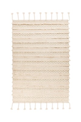 Wolle Teppich Boho Kurzflor Beige Streifen Muster Fransen Modern Flur160x230 cm