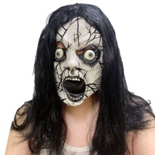 Scary Crack Face Ghost Mask with Hair Halloween Horror Zombie Mask Props Latex