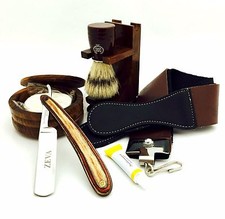 WOODEN 7 PC STRAIGHT RAZOR STROP, BOWL, BRUSH, STAND SHAVING SET IN GIFT BOX USA