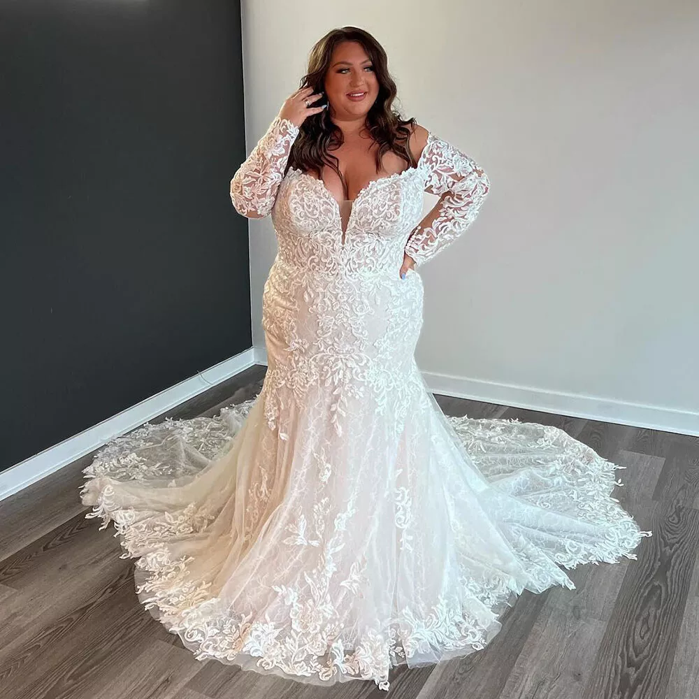 Beach Mermaid Plus Size Wedding Dresses Long Sleeve Lace Court Train Bridal  Gown