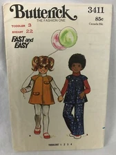 Butterick 3411 Child Toddler Sz 3 Dress Top Pants Sewing Pattern UC FF OOP VTG