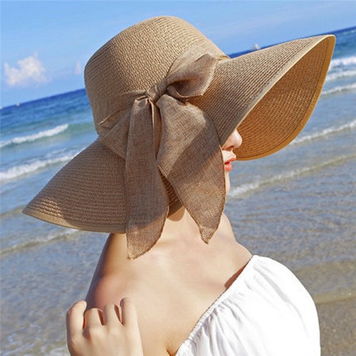 Women Brim Straw Hat Sun Floppy Wide Brim Hats Bowknot Folding Beach Caps Hom JE - Picture 7 of 24