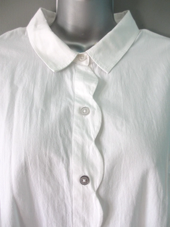 Scalloped Blouse Women XL White Roll Tab Sleeve Cotton Button Shirt Elegant Top - Image 2 of 4