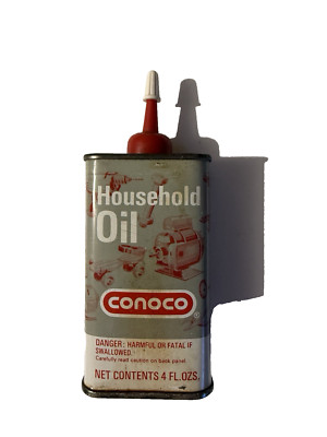 NOS Vintage CONOCO 4 Oz Household Oil Can - FULL Handy Oiler Tin w/ Graphics  