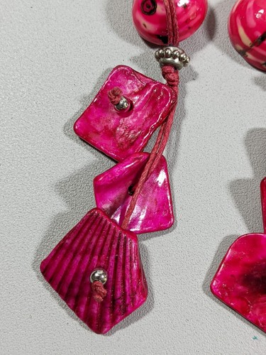 Artisan Silver Tone Pink Acrylic Shell Square Chip Tassel Dangle Hook Earrings - Picture 5 of 8