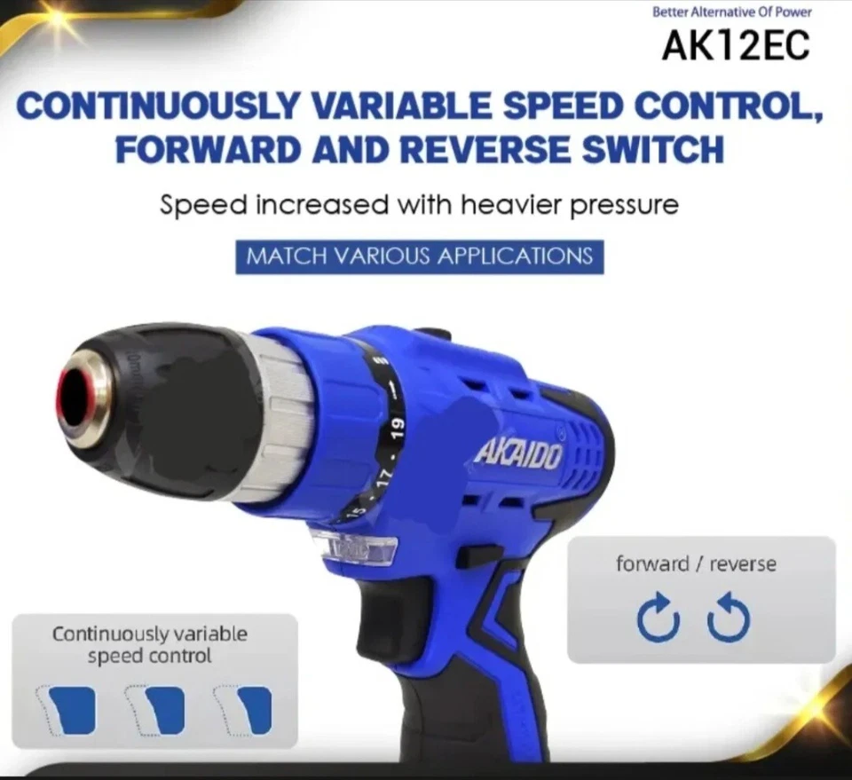 "AKAIDO" 12V 25N.m Torque Cordless Drill AK12EC - 2 Speed With 3 pcs X 12V 2.0Ah - Image 3 of 4