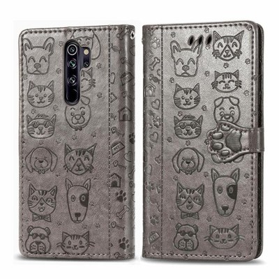 Xiaomi Redmi Note 8 Pro Graue PU Leder Tasche mit Tierprägung
