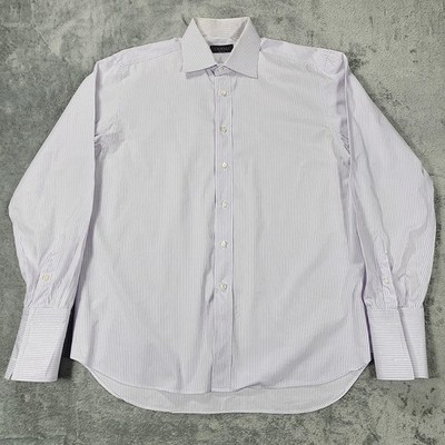 Canali Dress Shirt Mens 16.5 42 French Cuff Purple White Stripe Made Italy