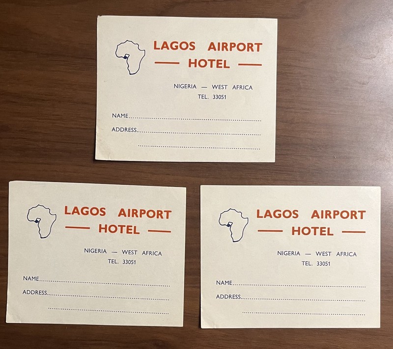 3x VINTAGE Lagos Airport Hotel Luggage Tags - RARE!