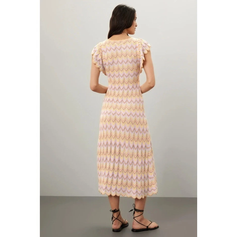 Vestido Derek Lam Crochet Tejido Pastel Chevron Volantes Manga Midi Cuello en V Talla S Foto 3 de 4