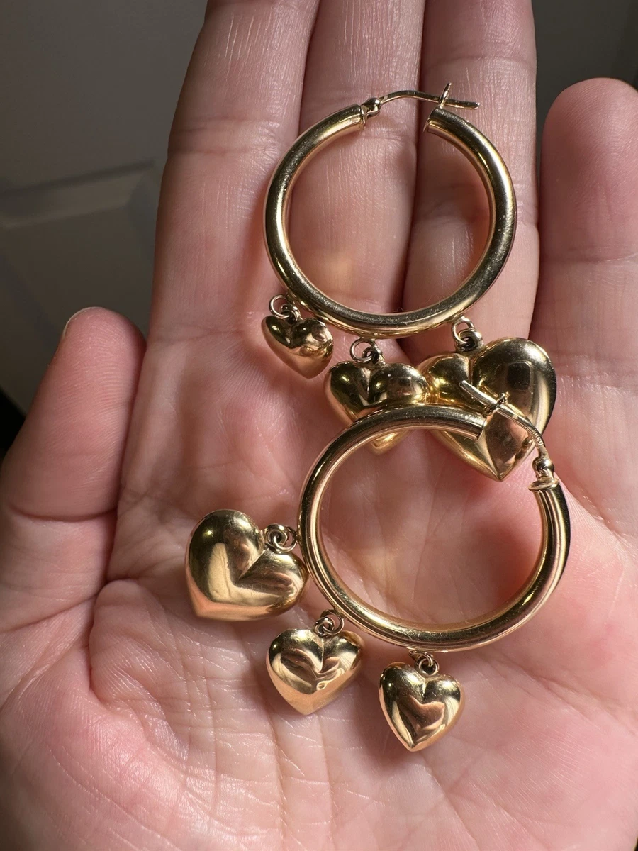 14k Gold Double Sided Graduated Puffy Heart Charm Hoop Earrings Vintage SO CUTE