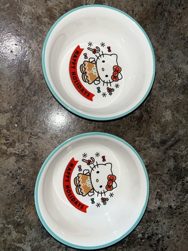 Set Of 2 Hello Kitty Christmas Gingerbread 6" Rare Anti-Skid Bottom Pet Bowl