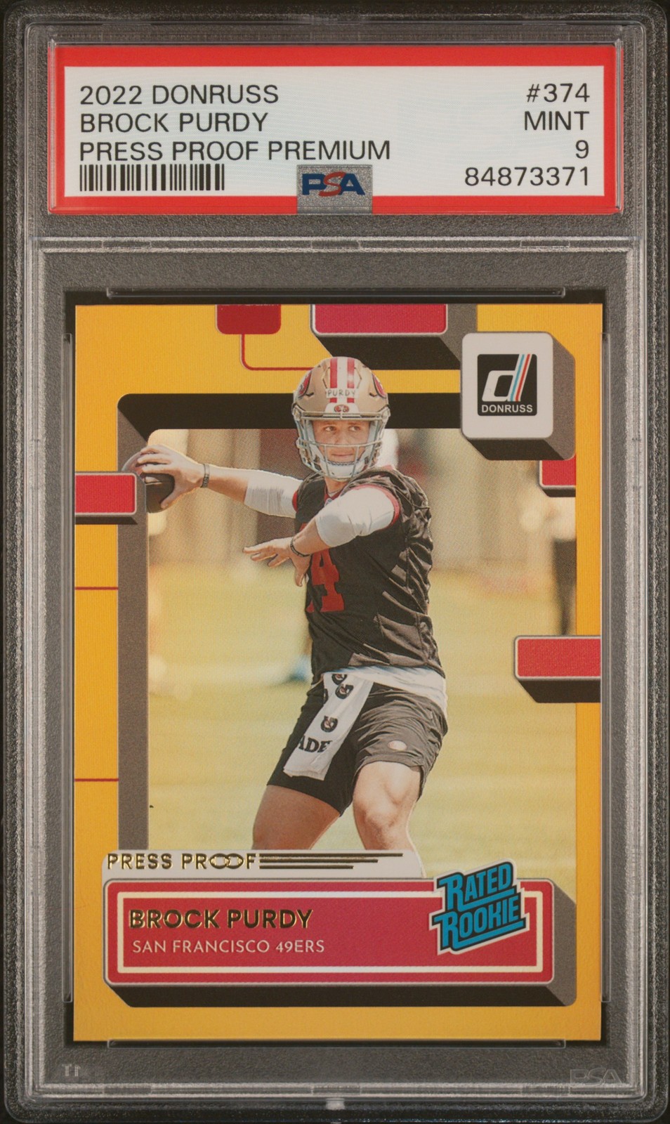2022 Panini Donruss Rated Rookie Press Proof Premium Gold #374 Brock Purdy PSA 9