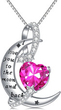 I Love You to the Moon and Back Necklace S925 Sterling Silver Heart Birthstone N