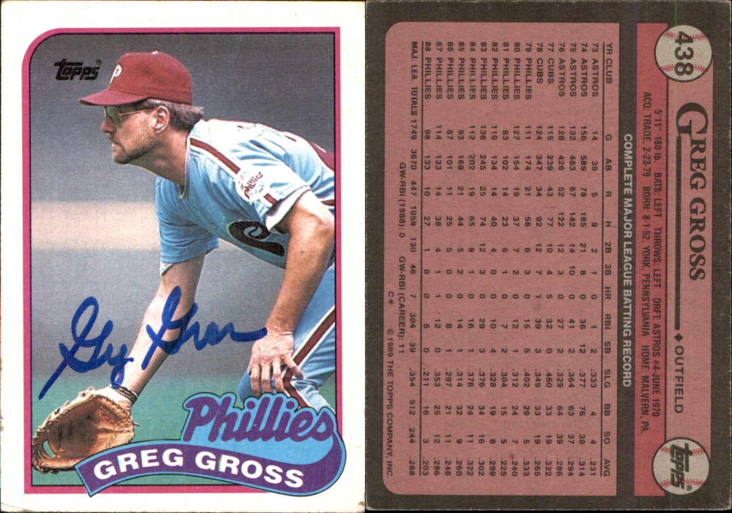 Greg Gross Signed 1989 Topps #438 Card Phillies Auto AU Autograph Den