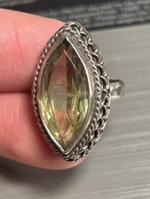 Sterling Silver Olive Green Quartz Crystal Marquis Ring Size 5.5