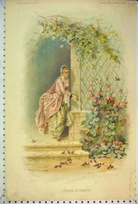 Original Old Antique Print Colour Beautiful Woman Feeding Birds Flowers