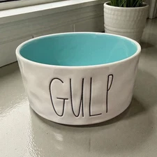 Rae Dunn Farmhouse Gulp Large Letter 6" Ceramic Dog Water Bowl Aqua Interior NEW