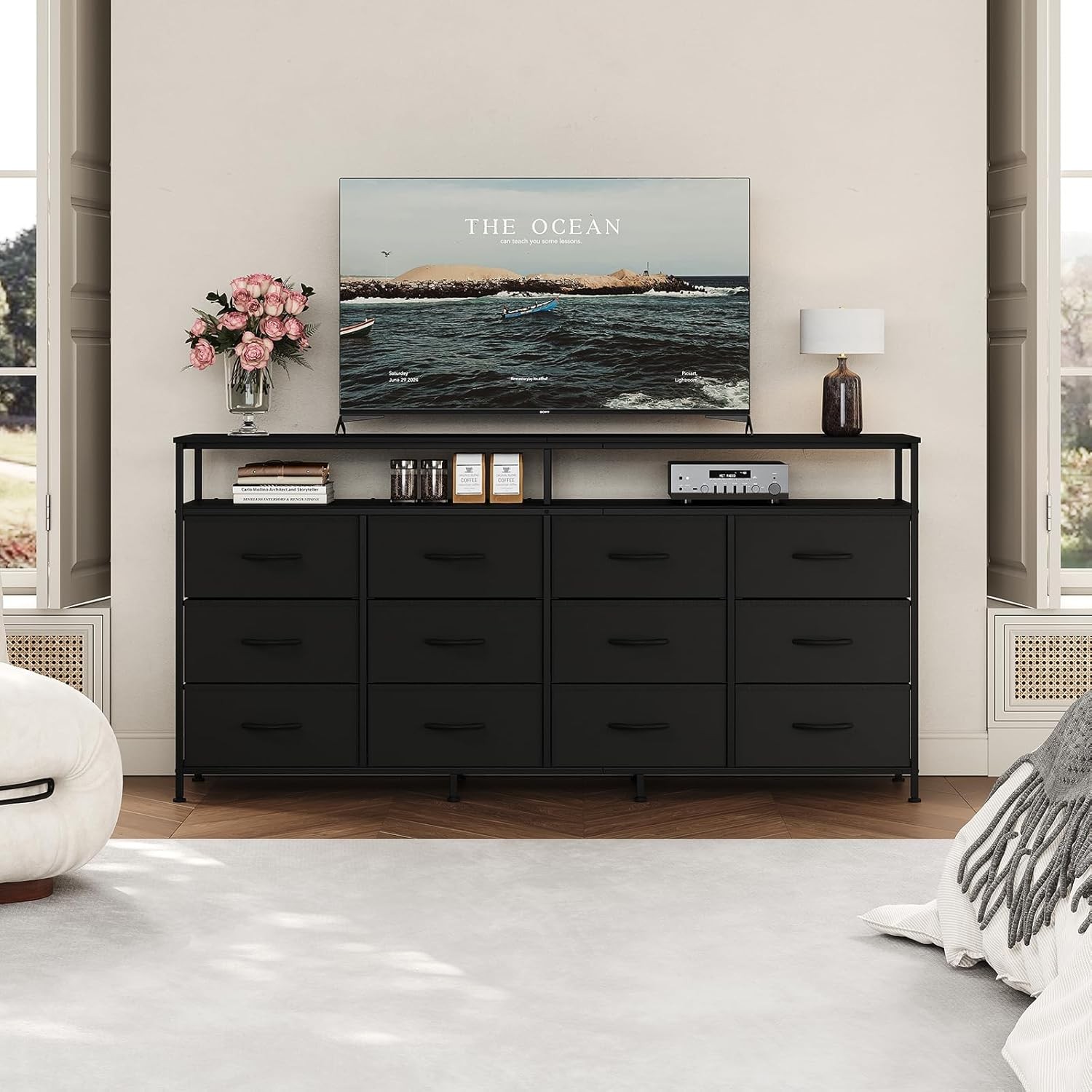 63 Inch Large Fabric Chest With 12 Drawers Long Dresser 70"TV Stand for Bedroom