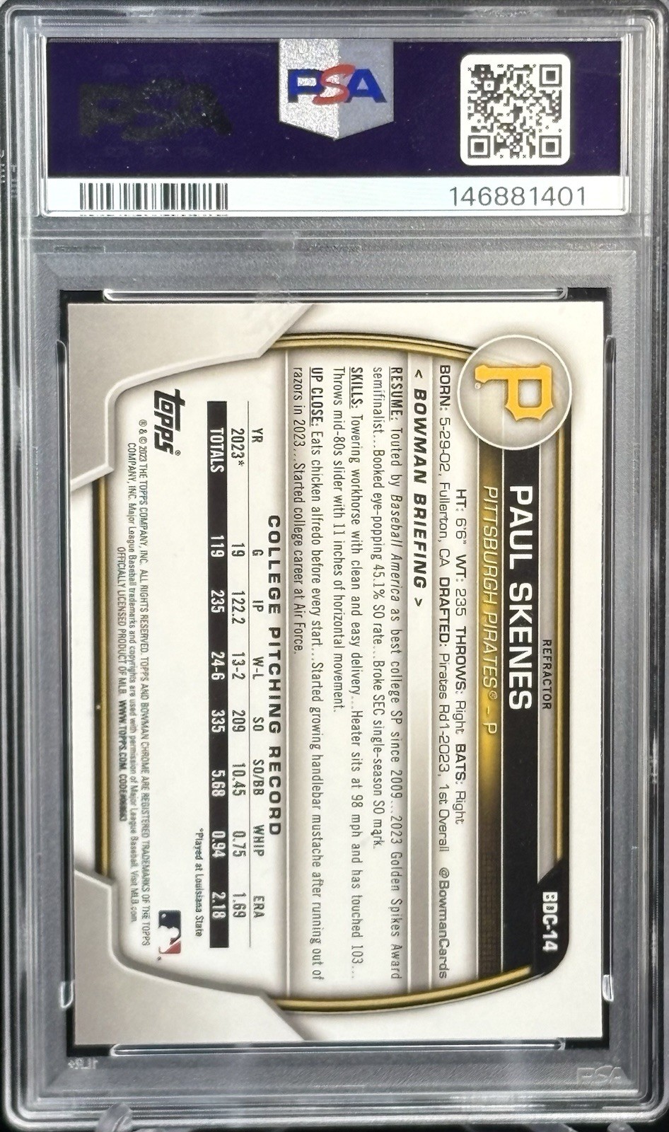 2023 Bowman Chrome Draft  Paul Skenes Refractor (RC) PSA 9  #BDC-14 view 2