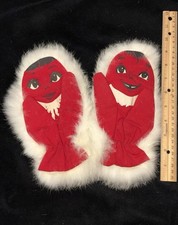 RARE OOAK Vintage Red White Fur Mittens: Little Girl's Eskimo Palms 9"