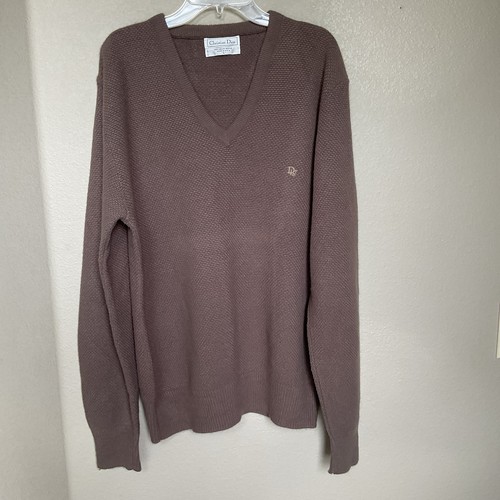 VTG Christian Dior Monsieur Brown V-Neck Orlon Sweater Embroidered Logo L Unisex