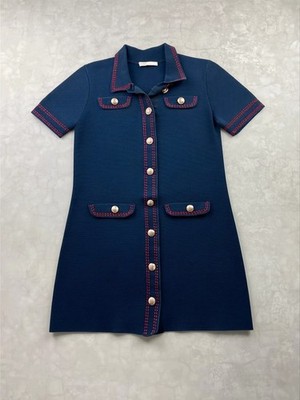 Maje Kleid halblang marineblau rote Details Übergangszeit Damen Gr. M
